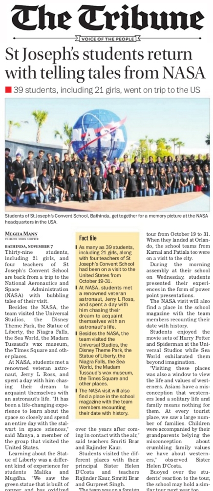 ST.JOSEPH'S STUDENTS RETURN WITH TELLING TALES FROM NASA